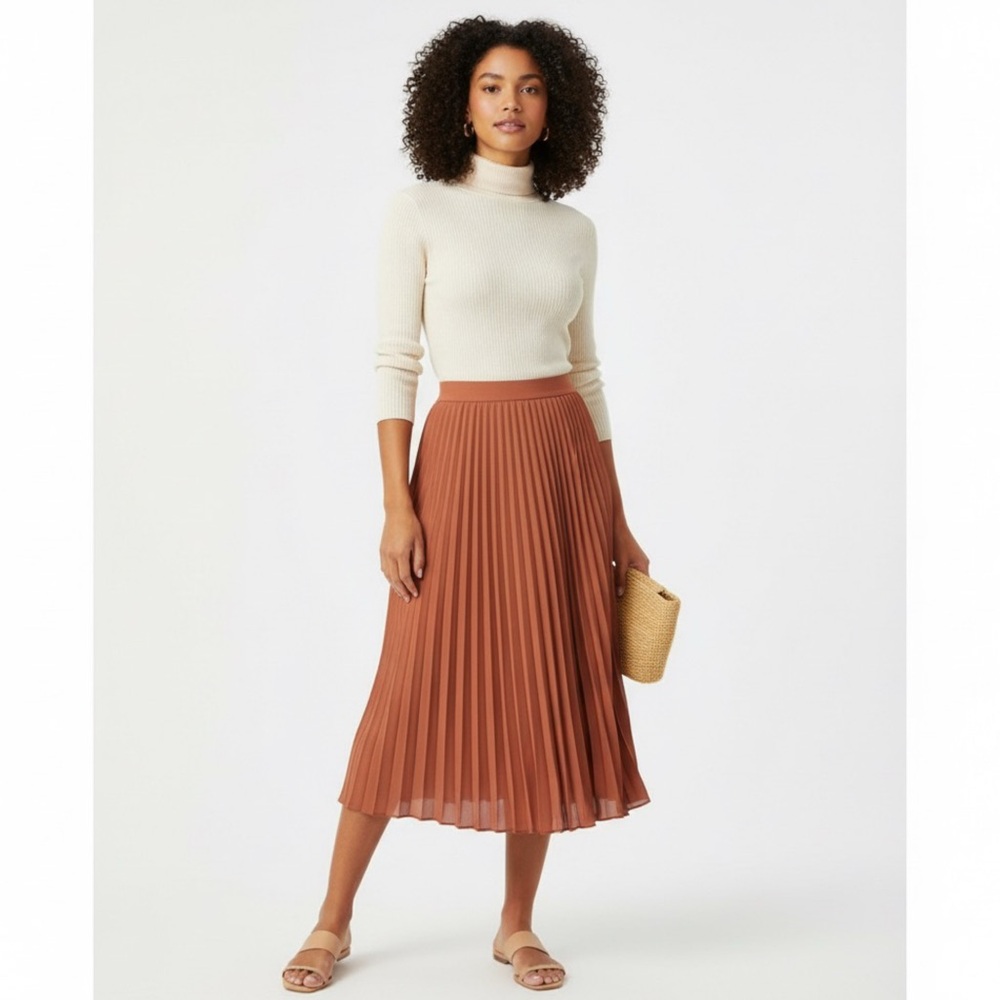 NWOT Women High‎ Elastic Waist Pleated Chiffon Skirt Midi Swing A-line Skirts S